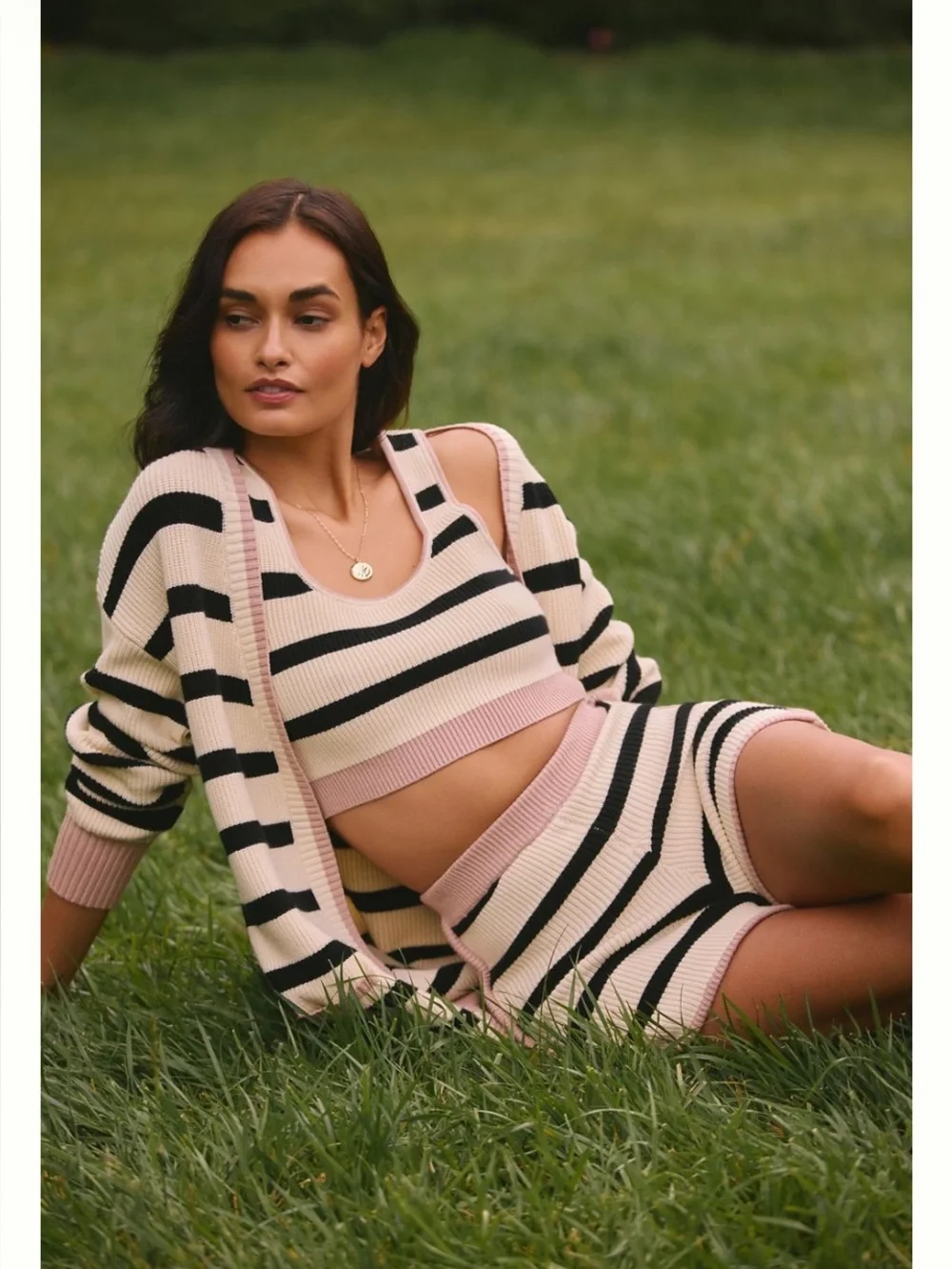 Anthropologie Size XL Striped Knit Cardigan, Crop Top & Shorts Set -Pink & Black - Picture 7 of 15